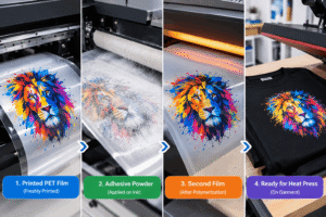Film PET et poudre DTF utilisés pour préparer un transfert textile