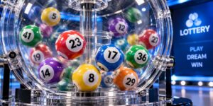 Numbered lottery balls inside an automated transparent mixing chamber