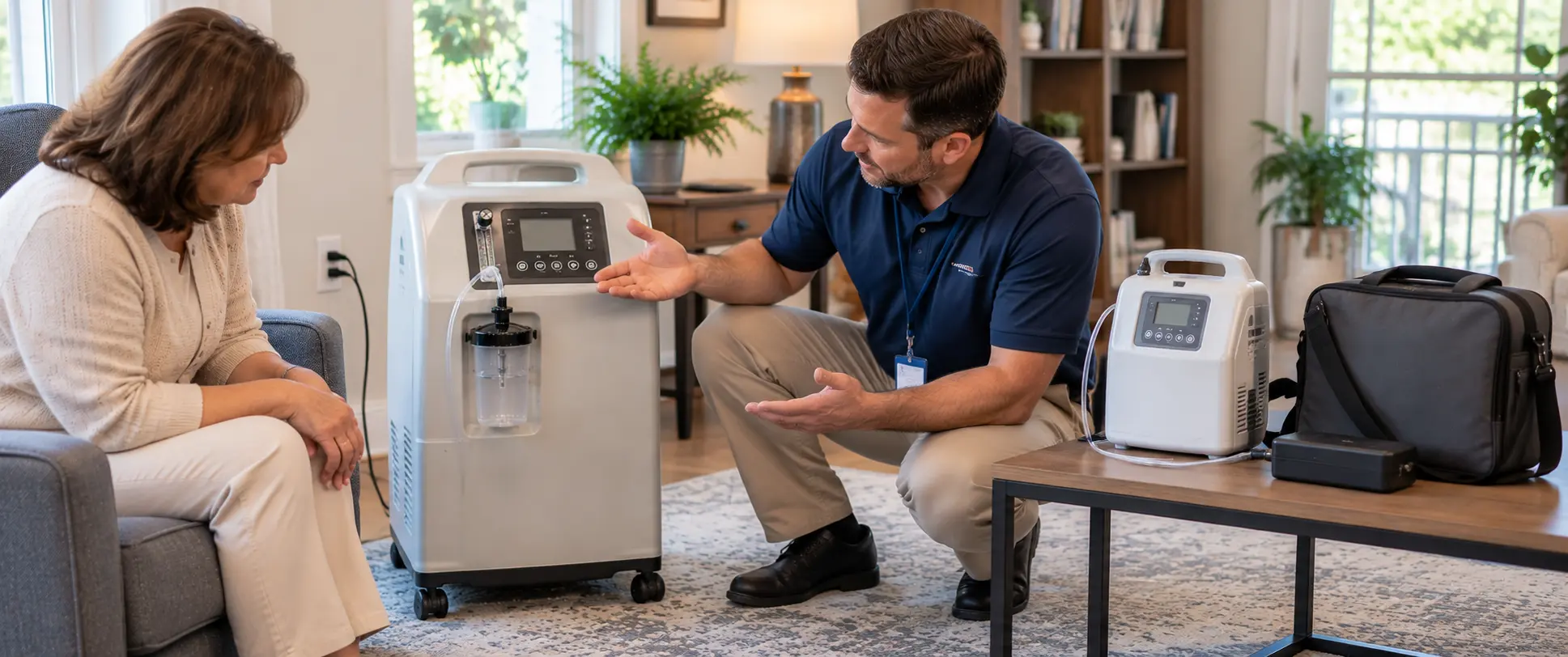 Stationary vs portable oxygen concentrators displayed side by side to compare equipment size, mobility, and power options.