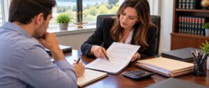 Attorney and client reviewing written legal fee agreements and discussing payment terms during a legal consultation.