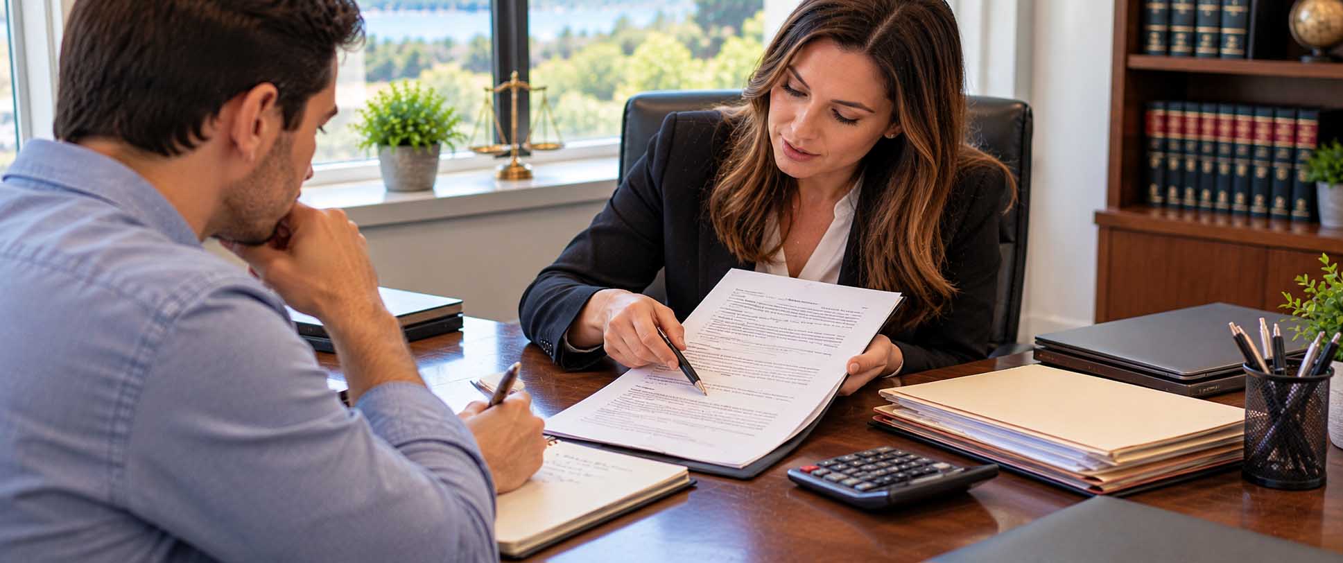 Attorney and client reviewing written legal fee agreements and discussing payment terms during a legal consultation.