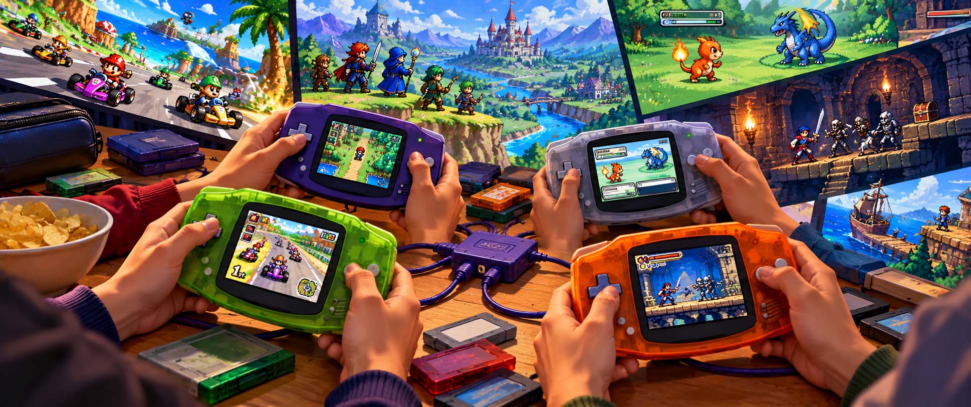 Multiplayer GBA games played on connected retro handheld consoles